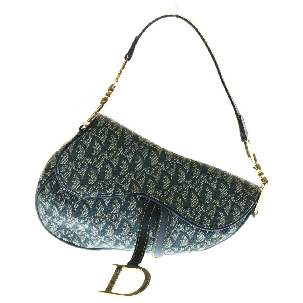 Christian Dior Trotter Saddle Bag Scarf Hobo Handbag Navy Blue Canvas